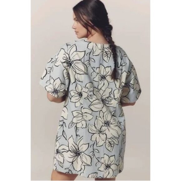 Dhruv Kapoor Short-Sleeve Denim Mini Dress M Shift Floral Coquette Mod Wedding - Picture 2 of 5